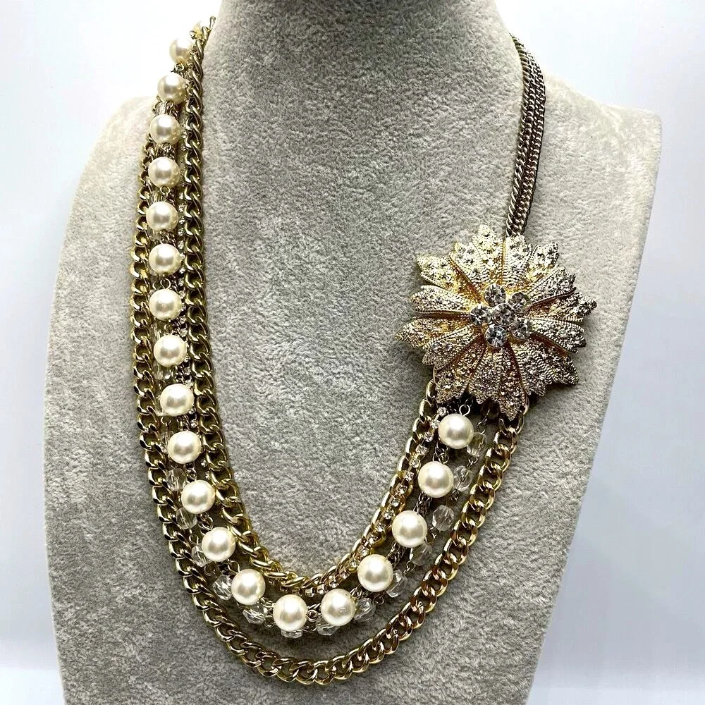 Amazing Gold Tone Fax Pearl Glass Rhinestone Flower Layered Chain Necklace